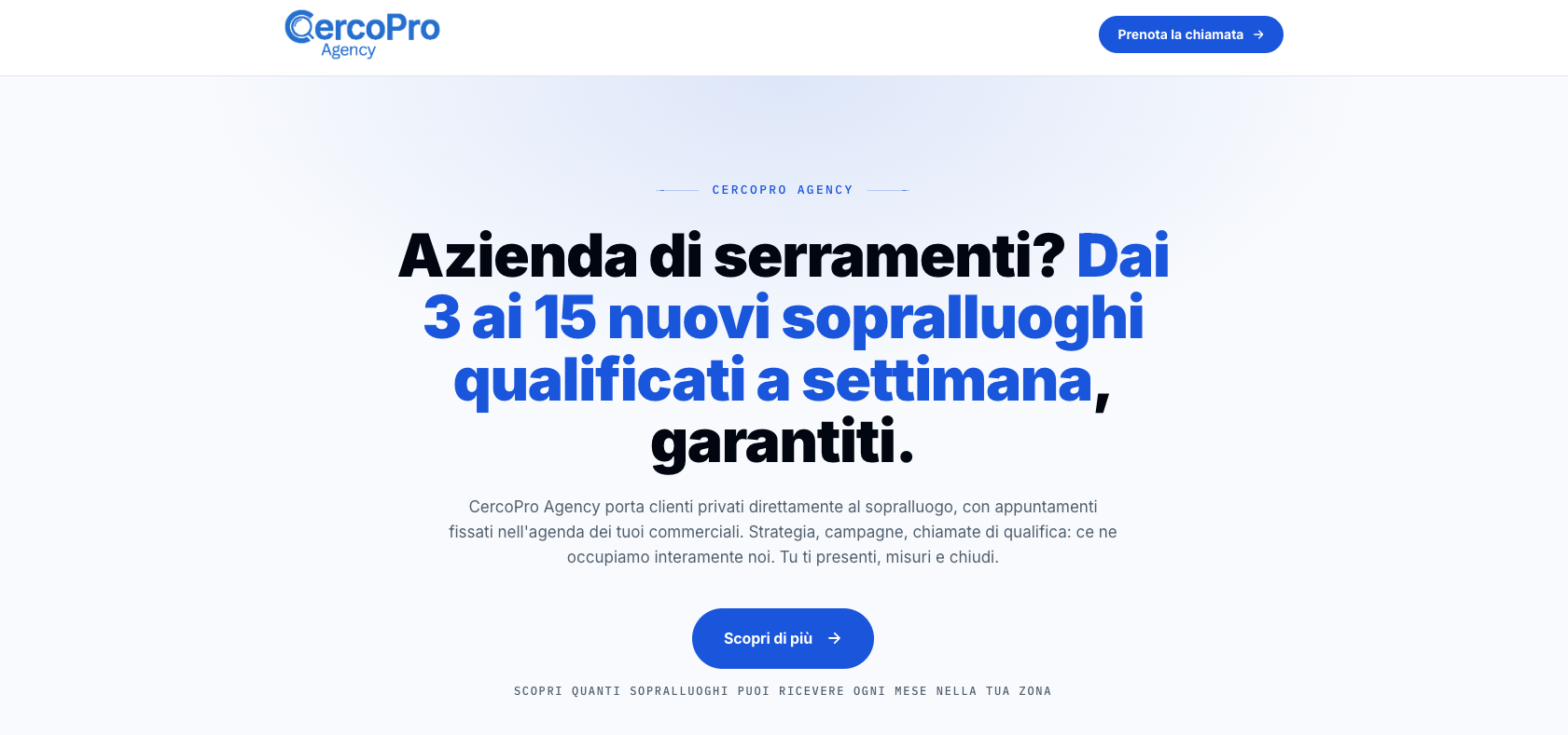 Schermata del sito CercoPro Agency